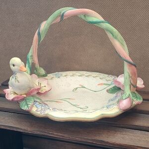 Fitz and Floyd Pastel Basket with Duck and Floral Accents - Pink & Mint
